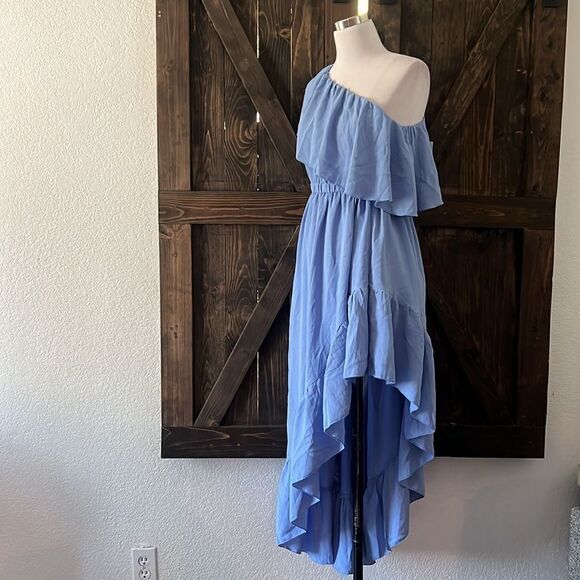 ZESICA ONE SHOULDER SLEEVELESS RUFFLE ASYMMETRICAL HIGH LOW Gown Wedding DRESS - Picture 9 of 14